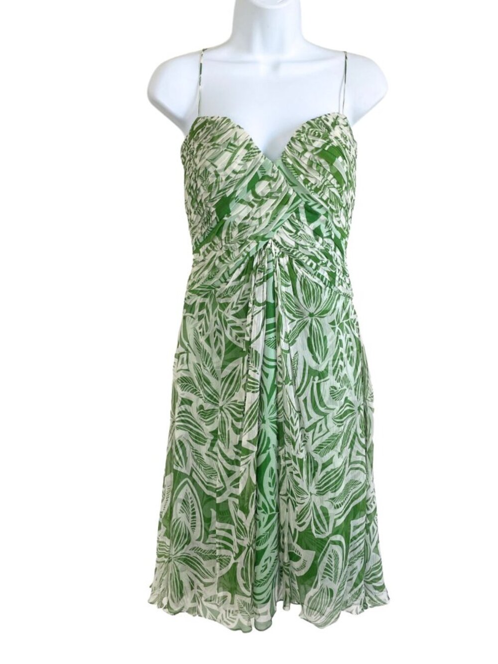 Tadashi Collection 100% Silk Ruched Chiffon Y2K Cocktail Dress Sz 4 Green Floral